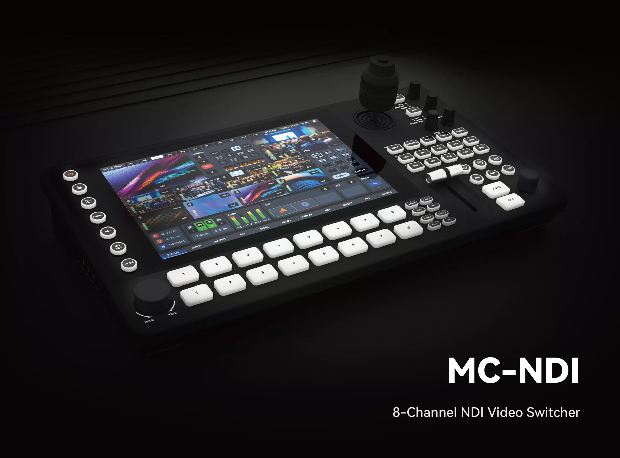 SPROLINK MC-NDI 8-channel NDI video switcher front view with touchscreen and PTZ joystick